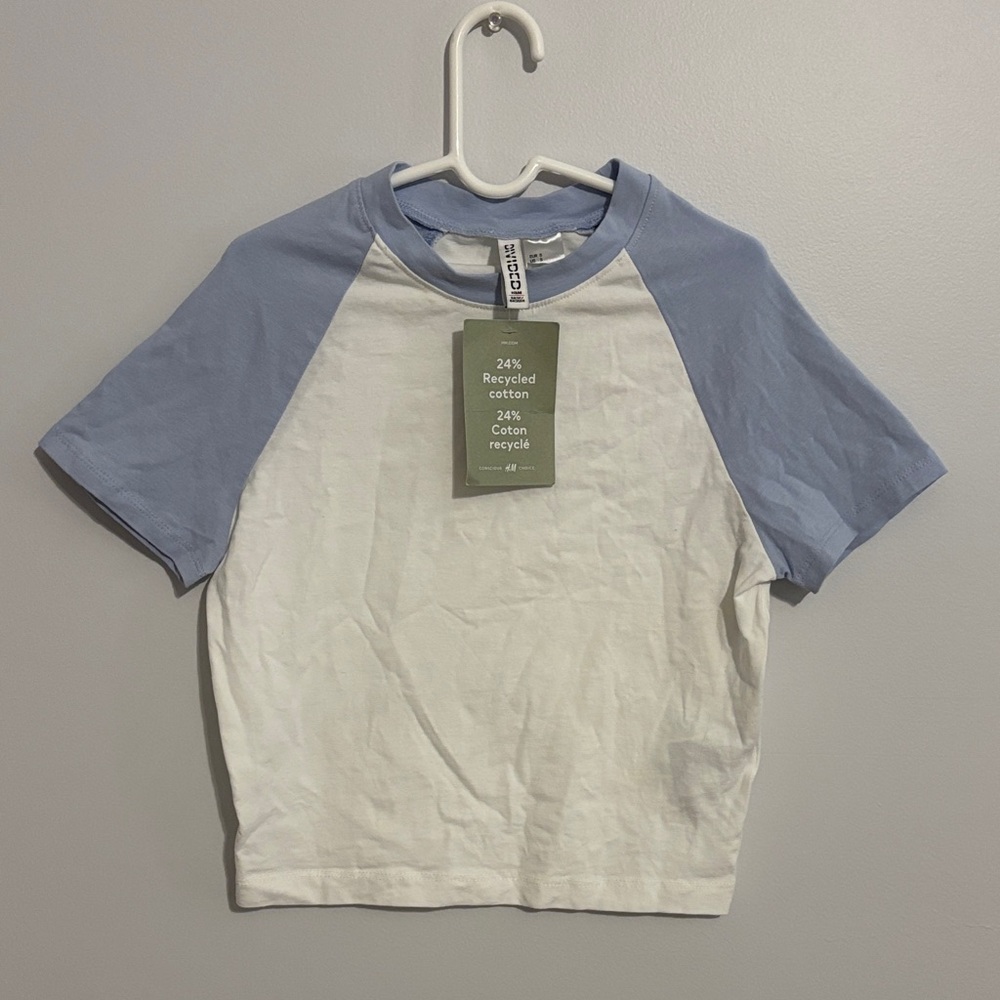 White & Light Blue/Periwinkle Raglan Tee H&M Crop Top NWT